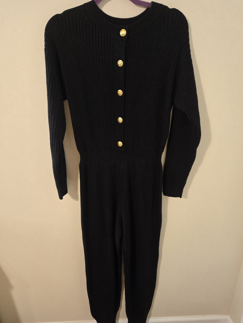 GAP CashSoft Rib Sweater Jumpsuit True Black Gold Buttons - Picture 3 of 8